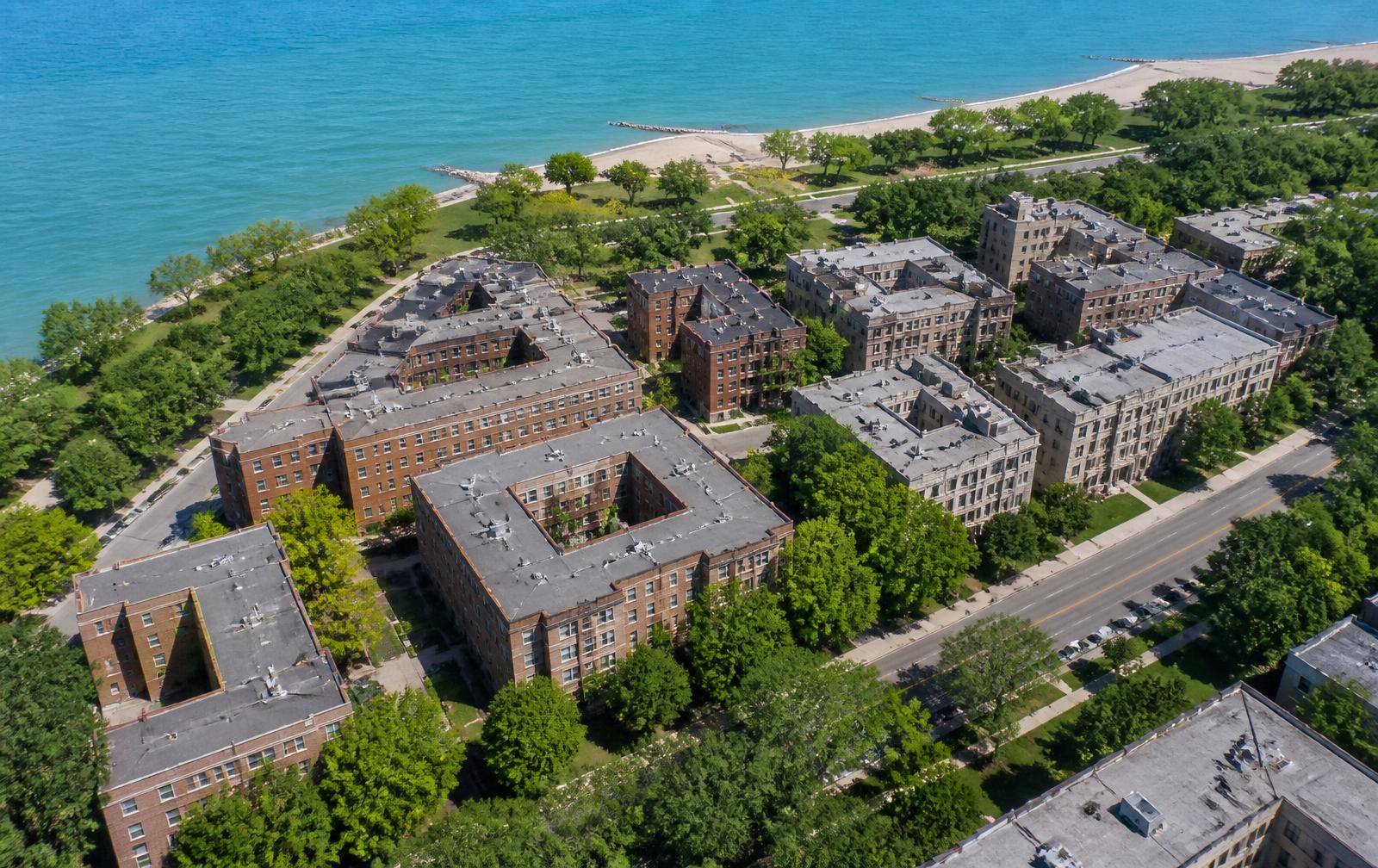 Aerial view of vintage brick apartment buildings on Lake Michigan frontage in Evanston, Illinois