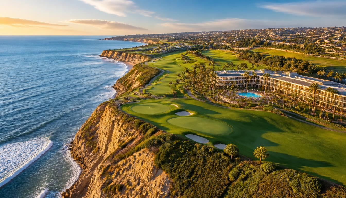 Aerial view of the Torrey Pines golf course and resort in San Diego