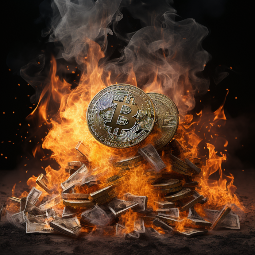 Bitcoin coins burning atop a pile of cash, symbolizing the end of fiat currency