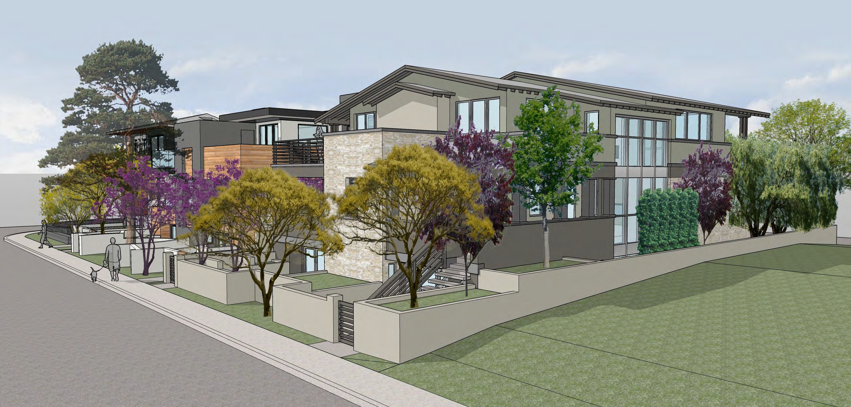 Architectural rendering of modern ocean-view residences with stone and wood cladding on a corner lot in Cardiff-by-the-Sea, California